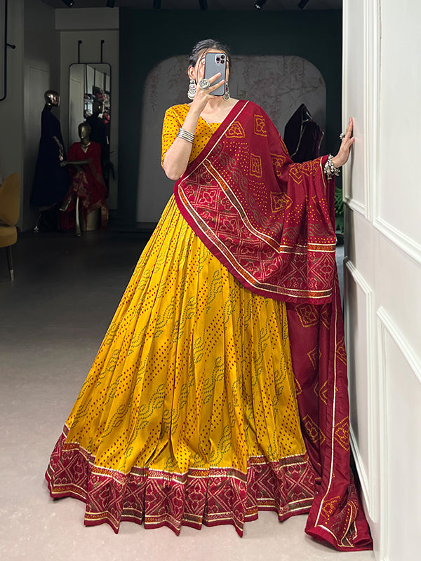 Yellow Bandhani Printed Tussar Silk Lehenga Choli With Dupatta