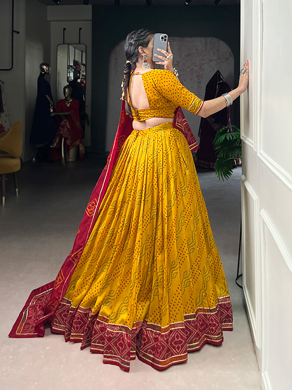 Yellow Bandhani Printed Tussar Silk Lehenga Choli With Dupatta