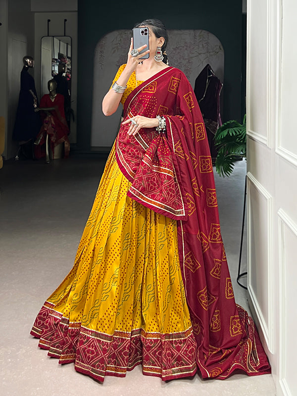 Yellow Bandhani Printed Tussar Silk Lehenga Choli With Dupatta