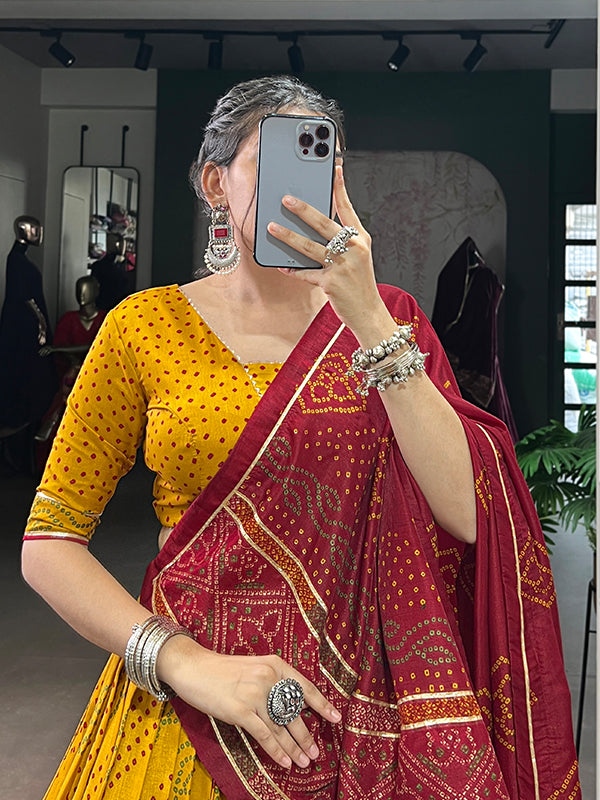 Yellow Bandhani Printed Tussar Silk Lehenga Choli With Dupatta
