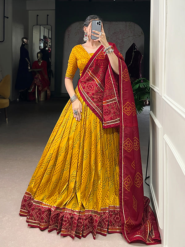 Yellow Bandhani Printed Tussar Silk Lehenga Choli With Dupatta