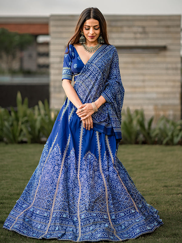 Navy Blue Printed Vaishali Silk Lehenga Choli With Dupatta