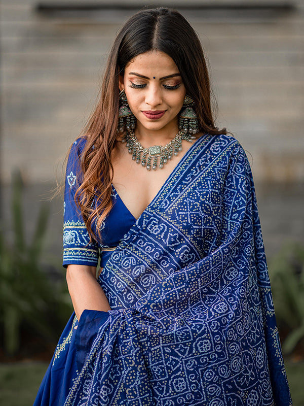 Navy Blue Printed Vaishali Silk Lehenga Choli With Dupatta
