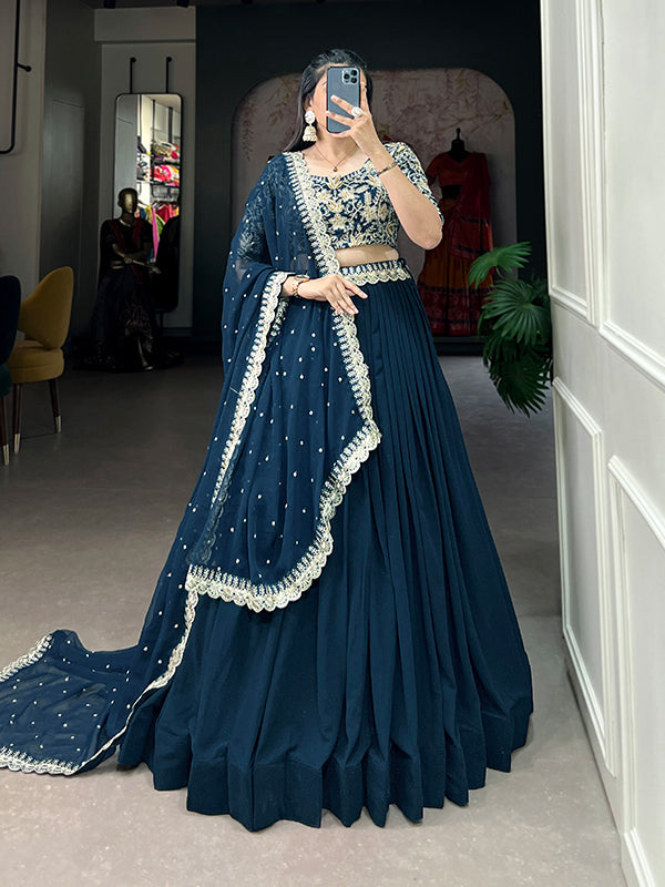 Teal Georgette Embroidered Lehenga Choli With Dupatta