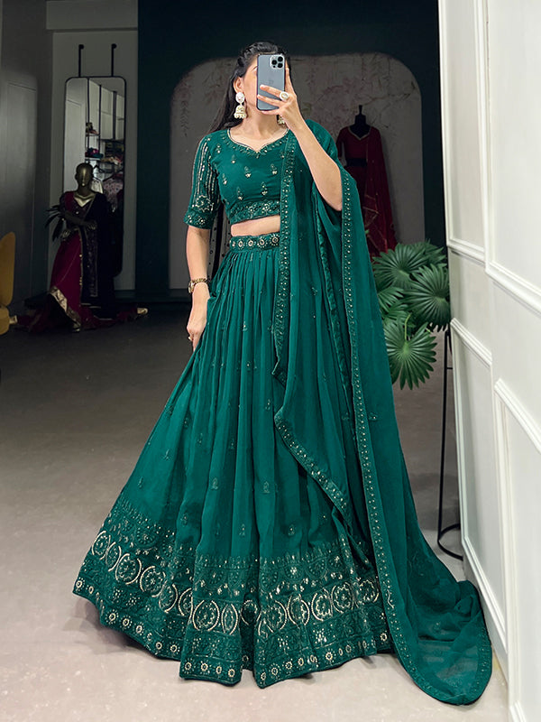 Green Georgette Embroidered Lehenga Choli With Dupatta