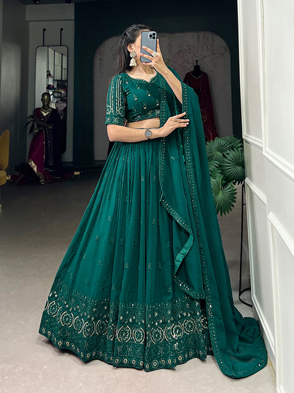 Green Georgette Embroidered Lehenga Choli With Dupatta