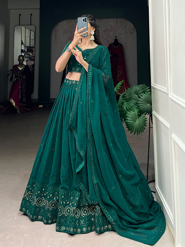 Green Georgette Embroidered Lehenga Choli With Dupatta