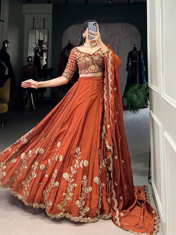 Rust Orange Rangoli Silk Sequins Thread Embroidery Work Lehenga Choli