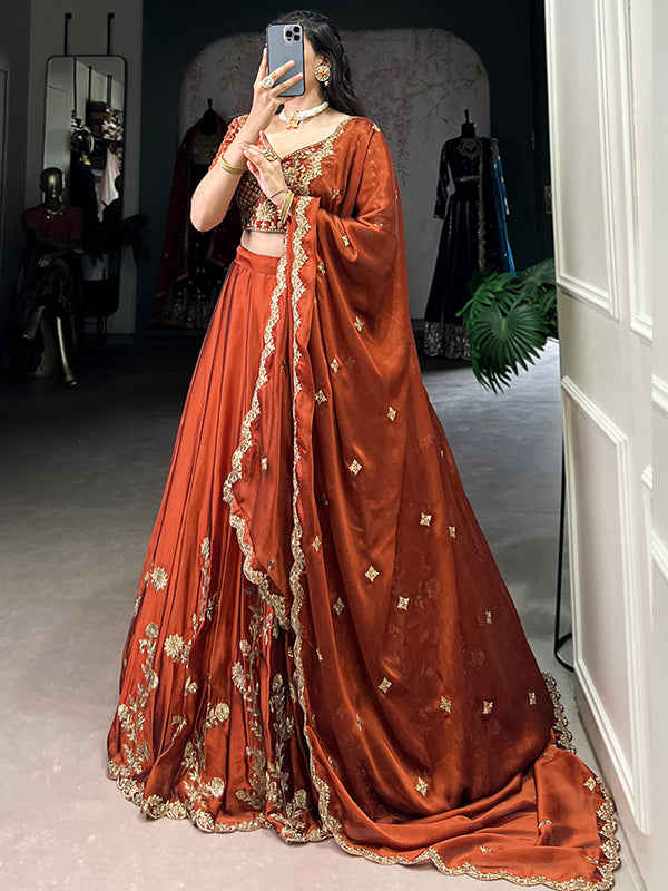 Rust Orange Rangoli Silk Sequins Thread Embroidery Work Lehenga Choli