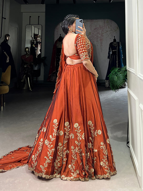 Rust Orange Rangoli Silk Sequins Thread Embroidery Work Lehenga Choli