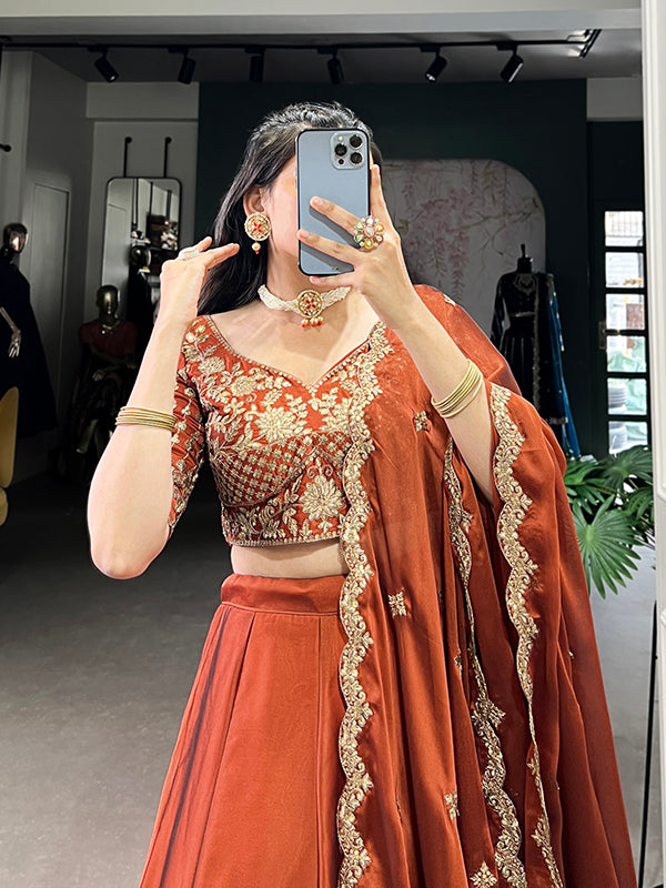 Rust Orange Rangoli Silk Sequins Thread Embroidery Work Lehenga Choli