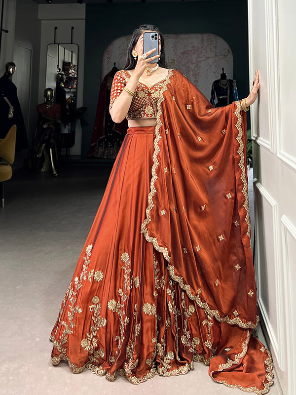 Rust Orange Rangoli Silk Sequins Thread Embroidery Work Lehenga Choli