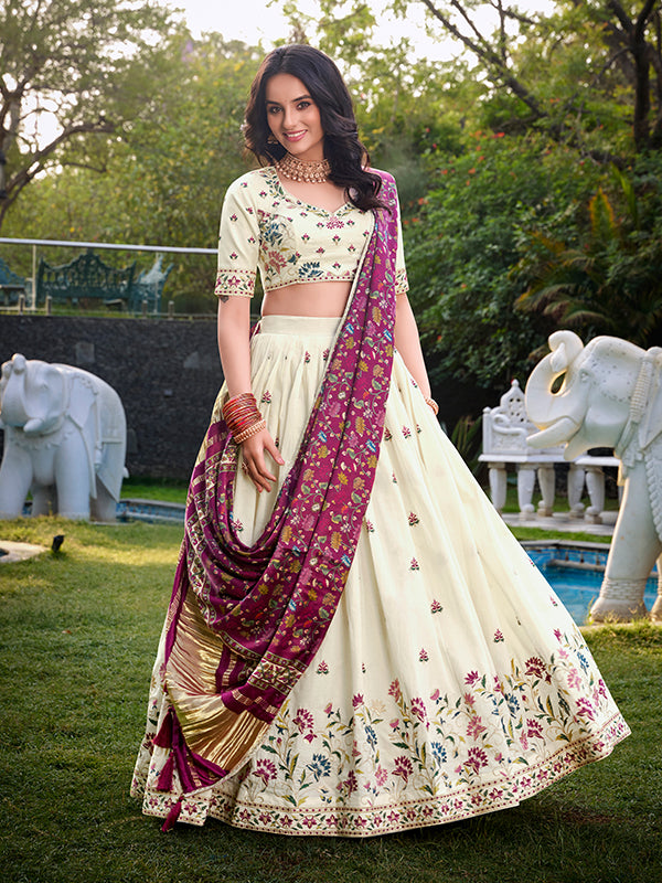 Off White Khadi Cotton Lehenga Choli With Pink Gaji Silk Dupatta
