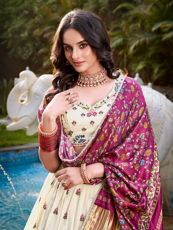 Off White Khadi Cotton Lehenga Choli With Pink Gaji Silk Dupatta