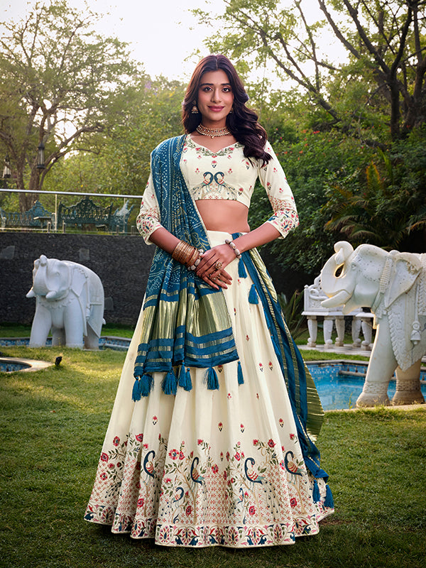 Off White Khadi Cotton Lehenga Choli With Peacock Blue Gaji Silk Dupatta