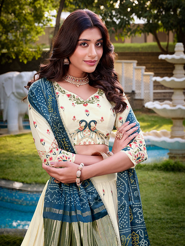 Off White Khadi Cotton Lehenga Choli With Peacock Blue Gaji Silk Dupatta