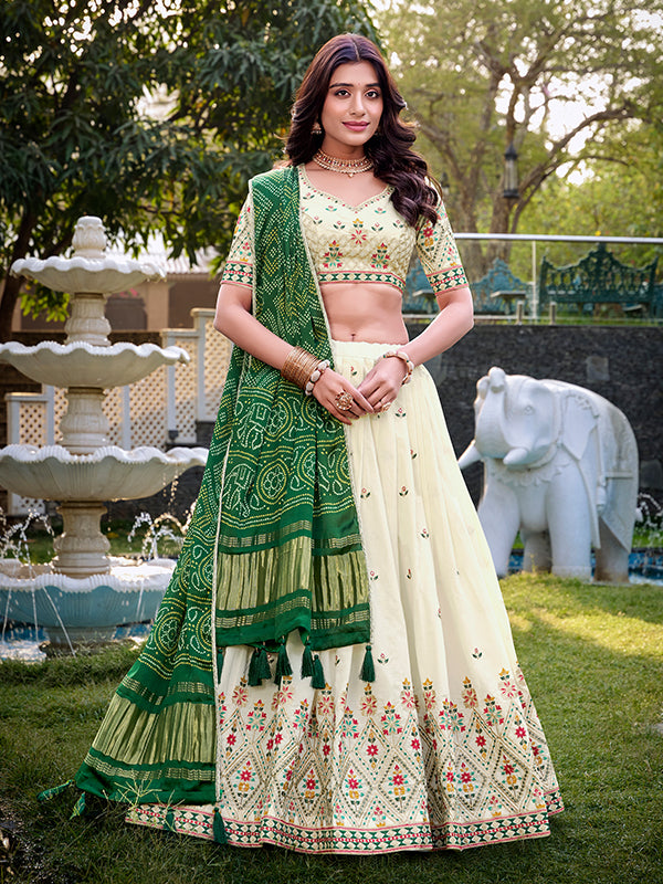 Off White Khadi Cotton Lehenga Choli With Green Gaji Silk Dupatta