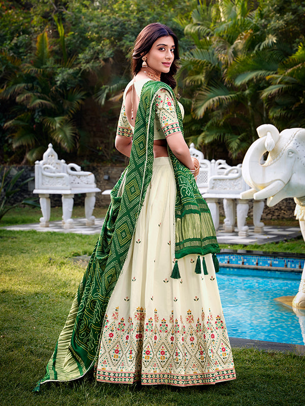 Off White Khadi Cotton Lehenga Choli With Green Gaji Silk Dupatta