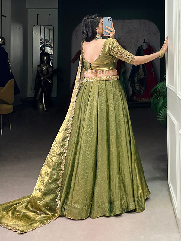 Mehndi Green Sequins Thread Embroidery Work Lehenga Choli With Dupatta