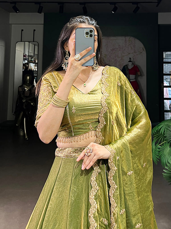 Mehndi Green Sequins Thread Embroidery Work Lehenga Choli With Dupatta