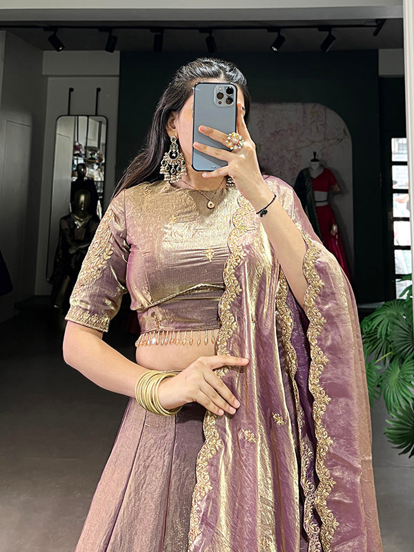Lavender Sequins Thread Embroidery Work Lehenga Choli With Dupatta