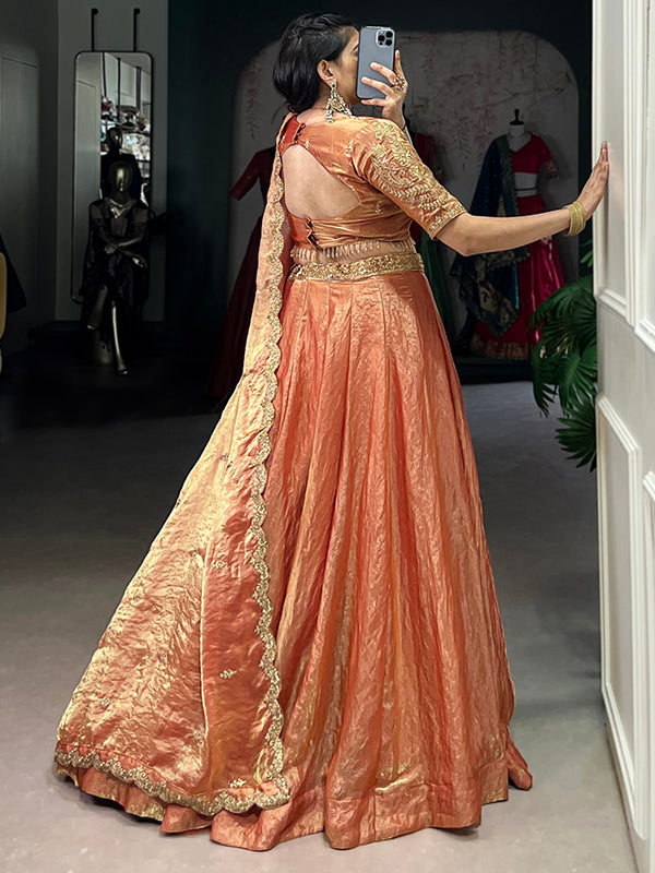 Rust Orange Sequins Thread Embroidery Work Lehenga Choli With Dupatta