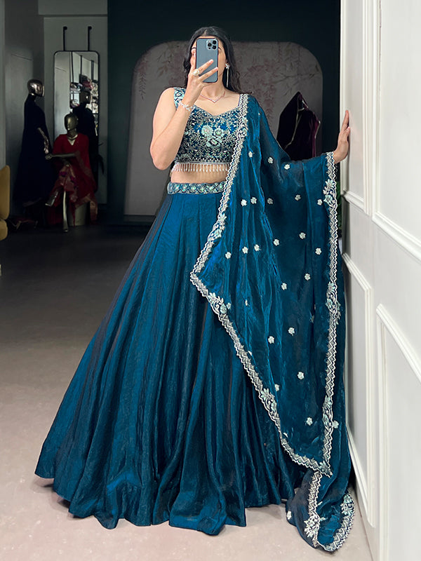 Teal Blue Sequins Thread Embroidery Work Lehenga Choli With Dupatta