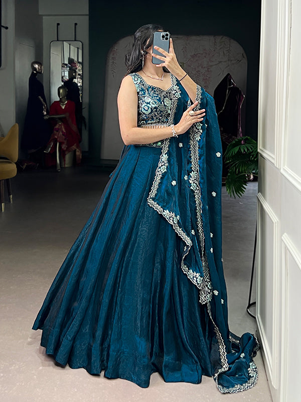 Teal Blue Sequins Thread Embroidery Work Lehenga Choli With Dupatta