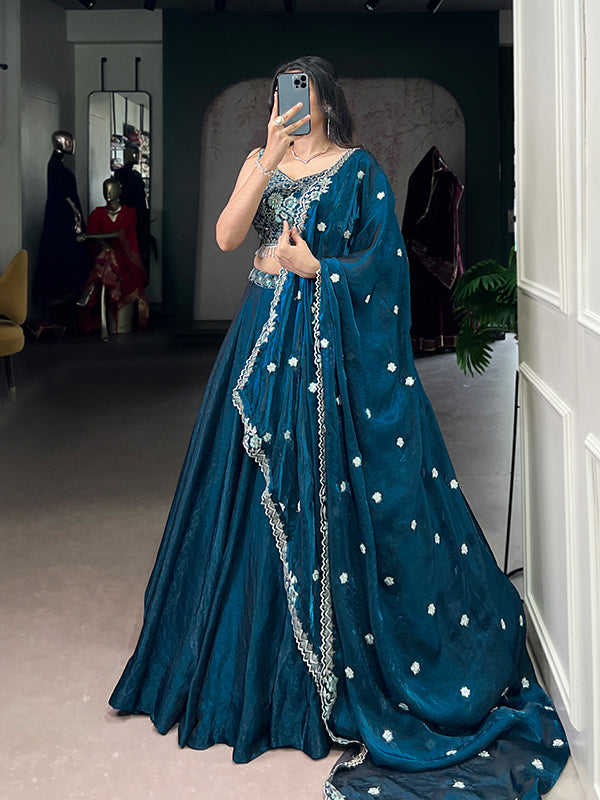 Teal Blue Sequins Thread Embroidery Work Lehenga Choli With Dupatta