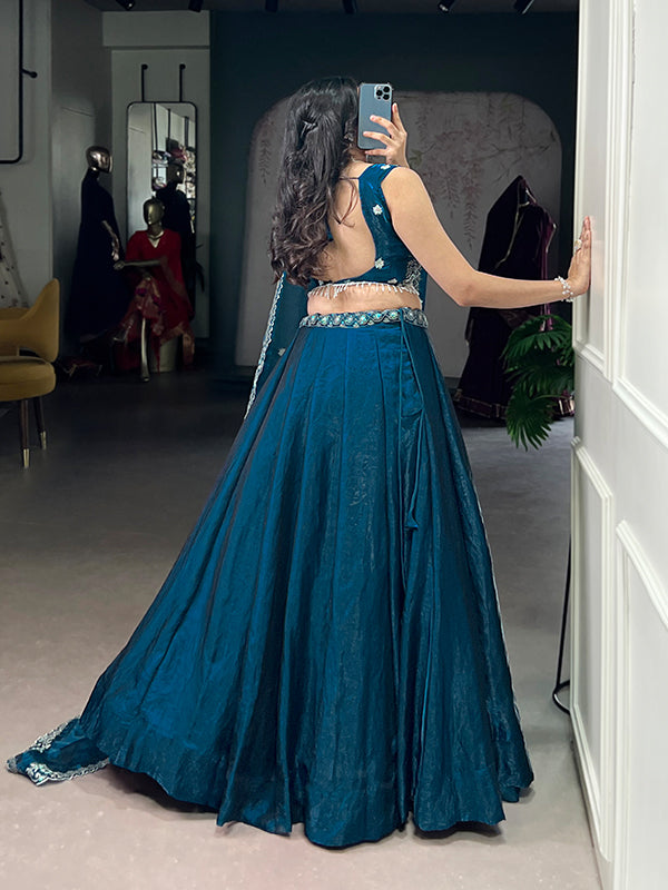Teal Blue Sequins Thread Embroidery Work Lehenga Choli With Dupatta