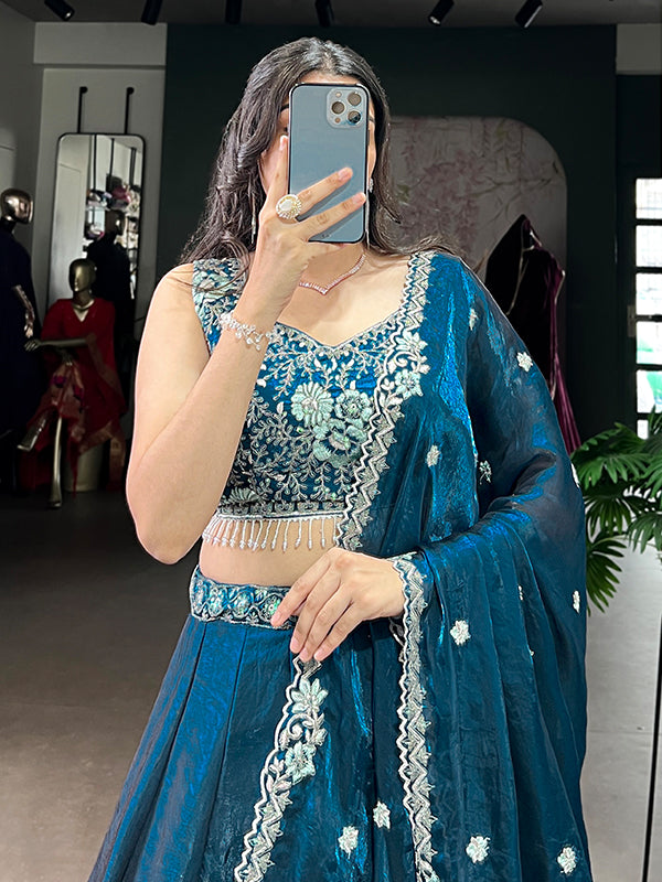 Teal Blue Sequins Thread Embroidery Work Lehenga Choli With Dupatta