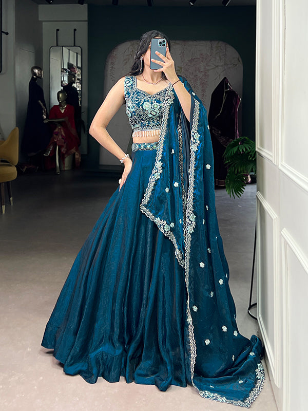 Teal Blue Sequins Thread Embroidery Work Lehenga Choli With Dupatta