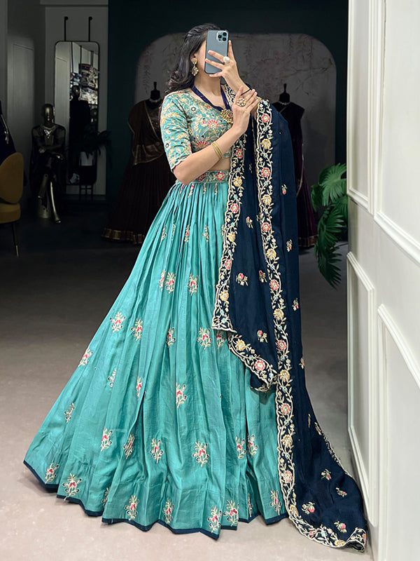 Sky Blue Sequins Embroidery Work Slab Silk Lehenga Choli With Dupatta