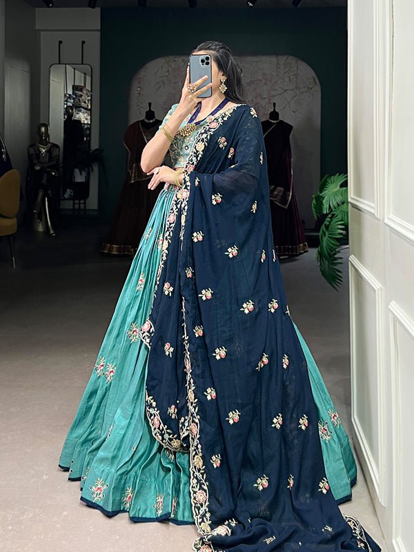 Sky Blue Sequins Embroidery Work Slab Silk Lehenga Choli With Dupatta