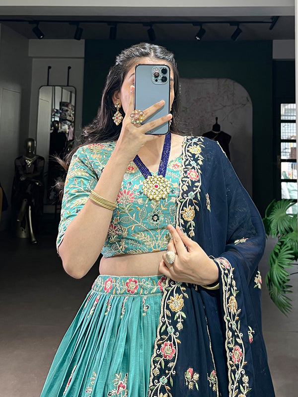Sky Blue Sequins Embroidery Work Slab Silk Lehenga Choli With Dupatta
