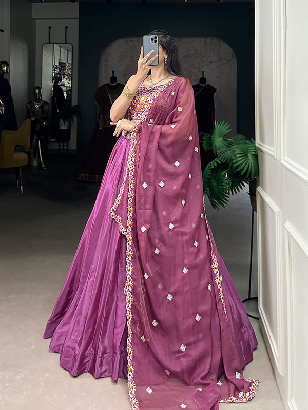 Pink Sequins Thread Embroidery Work Lehenga Choli With Dupatta