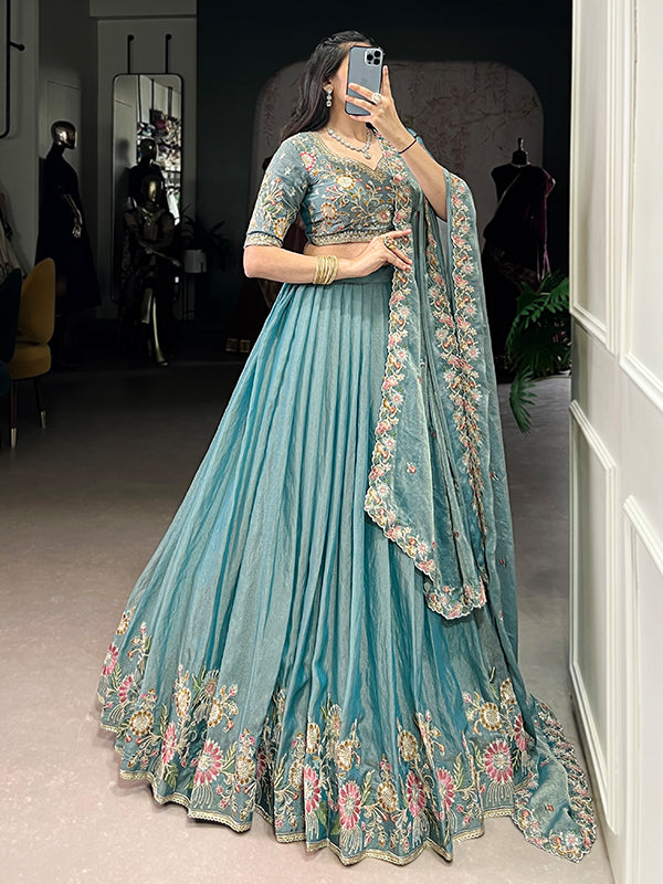 Pastel Blue Sequins Embroidery Work Lehenga Choli With Dupatta
