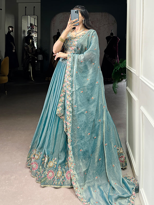 Pastel Blue Sequins Embroidery Work Lehenga Choli With Dupatta