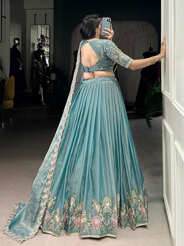 Pastel Blue Sequins Embroidery Work Lehenga Choli With Dupatta