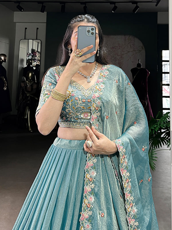 Pastel Blue Sequins Embroidery Work Lehenga Choli With Dupatta