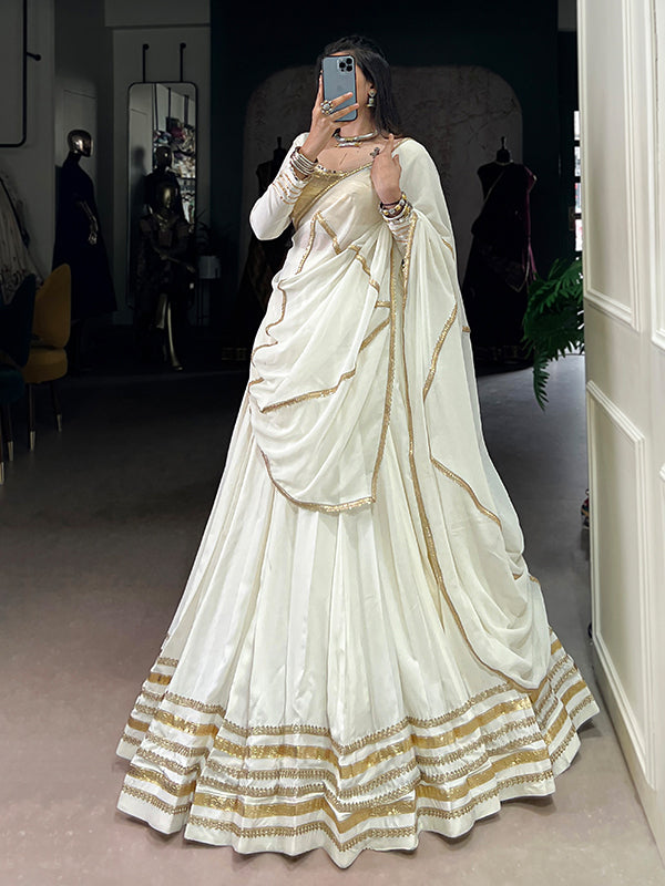 White Rayon Gotta Patti Lace Work Lehenga Choli With Dupatta