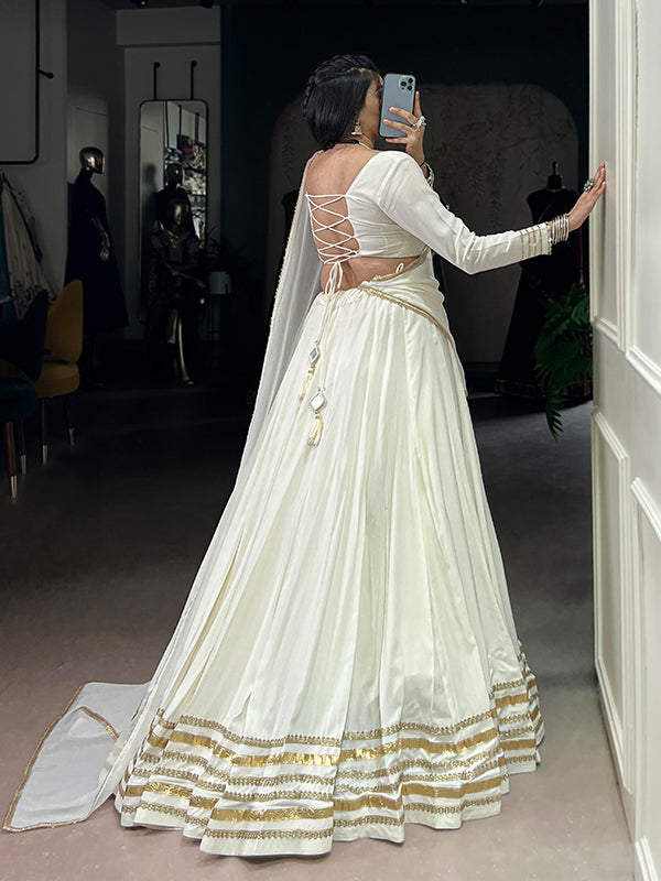White Rayon Gotta Patti Lace Work Lehenga Choli With Dupatta