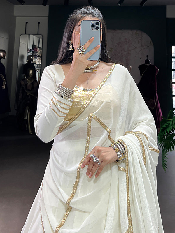 White Rayon Gotta Patti Lace Work Lehenga Choli With Dupatta