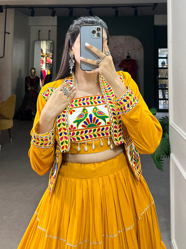 Mustard Yellow Pure Rayon Lehenga Choli With Gamthi Work Koti