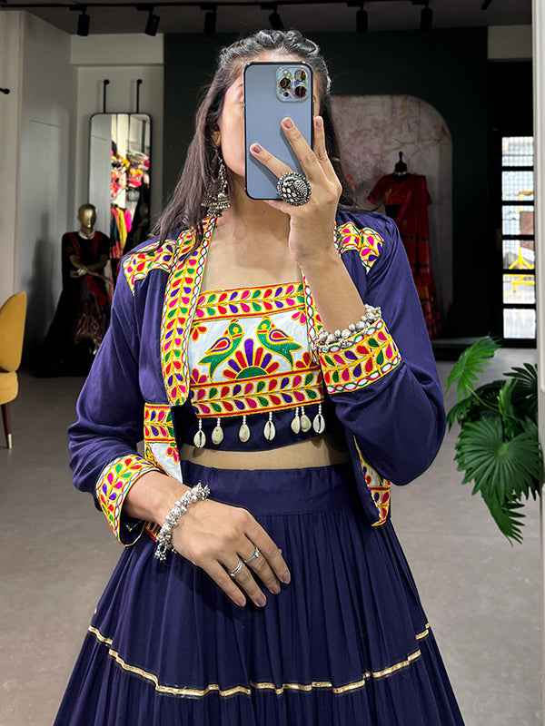 Navy Blue Pure Rayon Lehenga Choli With Gamthi Work Koti