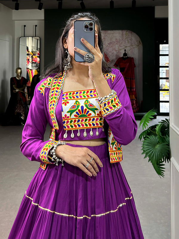 Purple Pure Rayon Lehenga Choli With Gamthi Work Koti