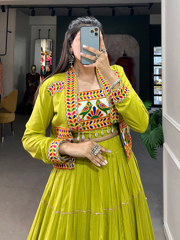 Parrot Green Pure Rayon Lehenga Choli With Gamthi Work Koti