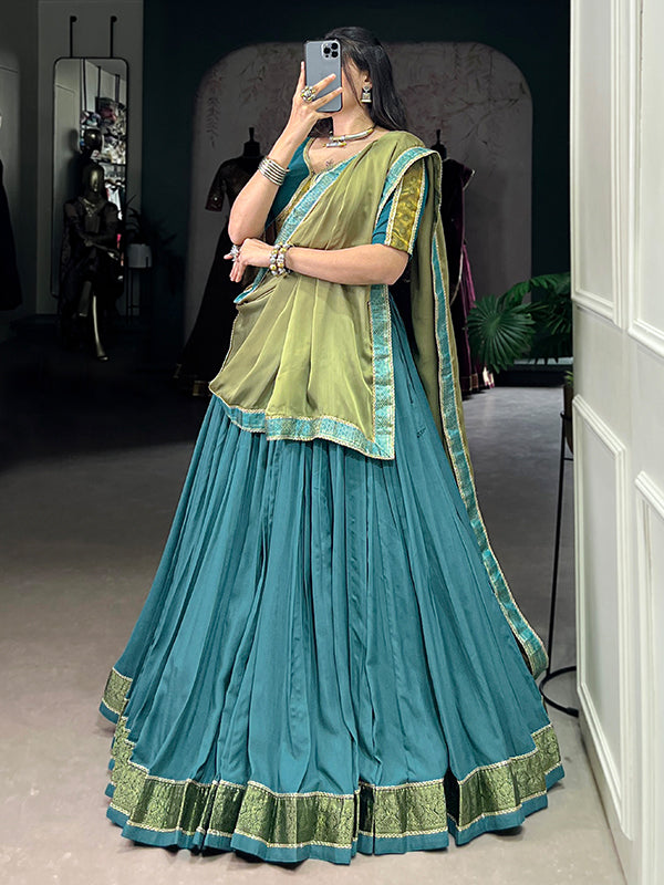 Teal Blue Zari Weaving Work Rayon Lehenga Choli With Dupatta