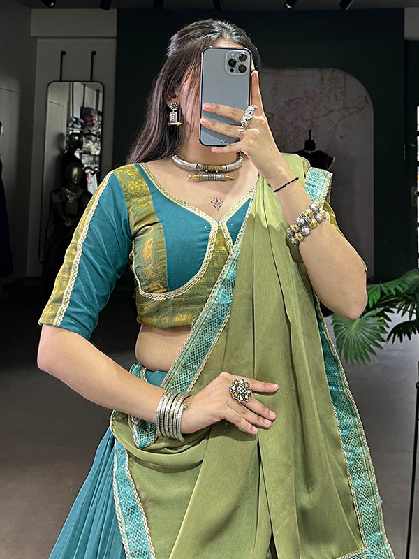Teal Blue Zari Weaving Work Rayon Lehenga Choli With Dupatta