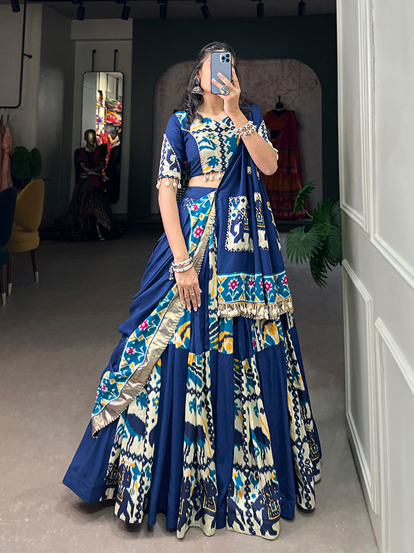 Blue Printed Silk Rayon Lehenga Choli With Dupatta